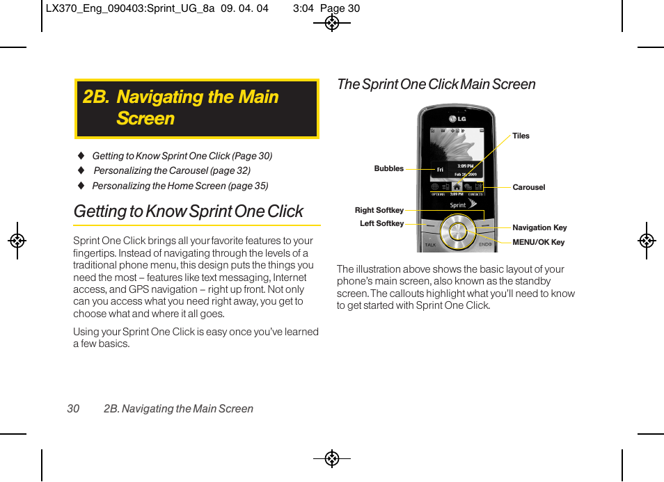 2b. navigating the main screen, Getting to know sprint one click, The sprint one click main screen | LG LX370 User Manual | Page 44 / 174