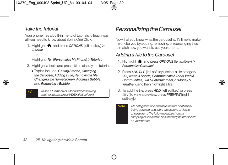 Personalizing the carousel, Take the tutorial, Adding a tile to the carousel | LG LX370 User Manual | Page 46 / 174