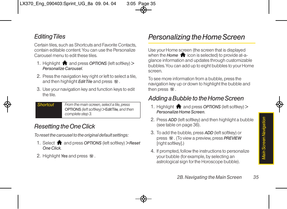 Personalizing the home screen, Editing tiles, Resetting the one click | Adding a bubble to the home screen | LG LX370 User Manual | Page 49 / 174