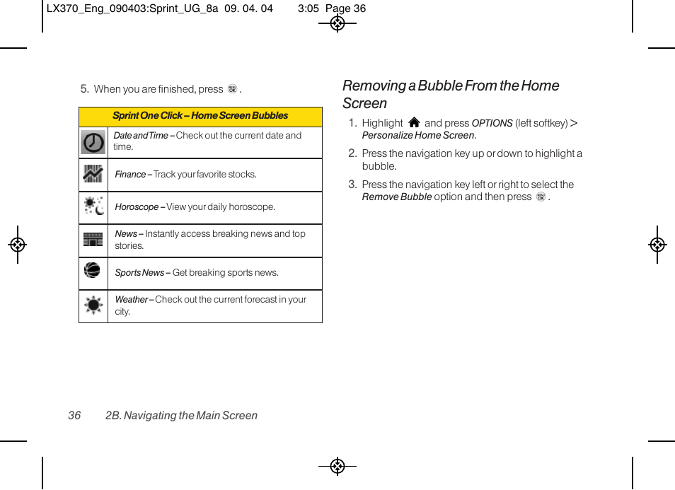 Removing a bubble from the home screen | LG LX370 User Manual | Page 50 / 174