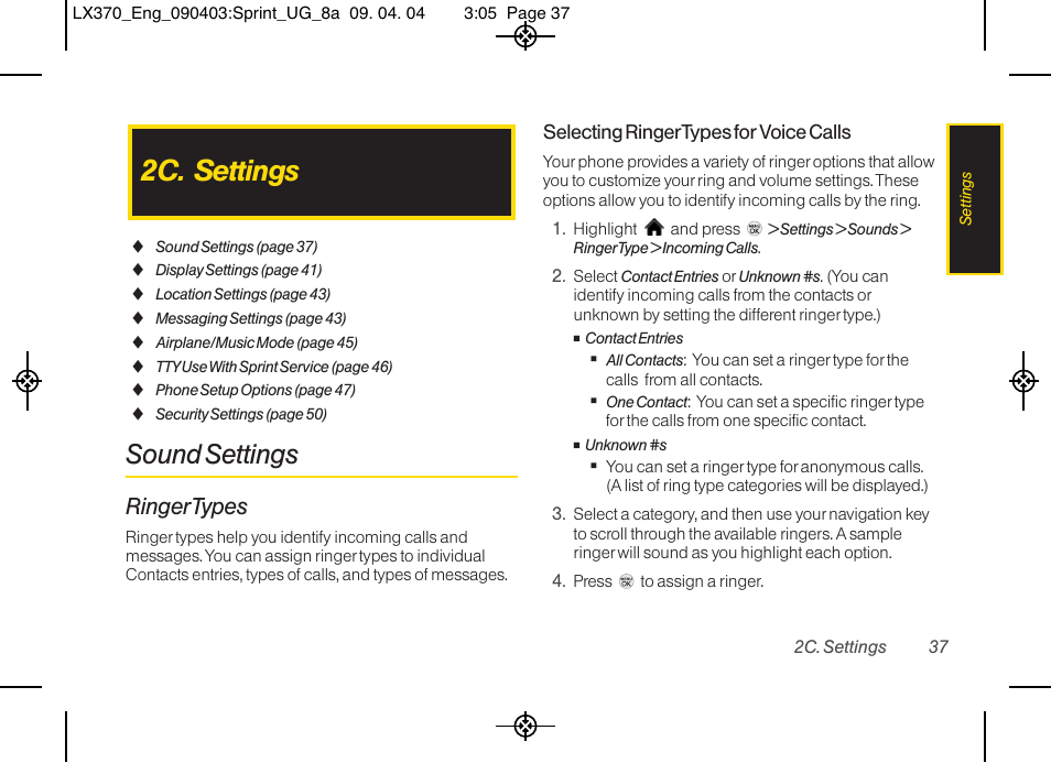 2c. settings, Sound settings, Ringertypes | LG LX370 User Manual | Page 51 / 174