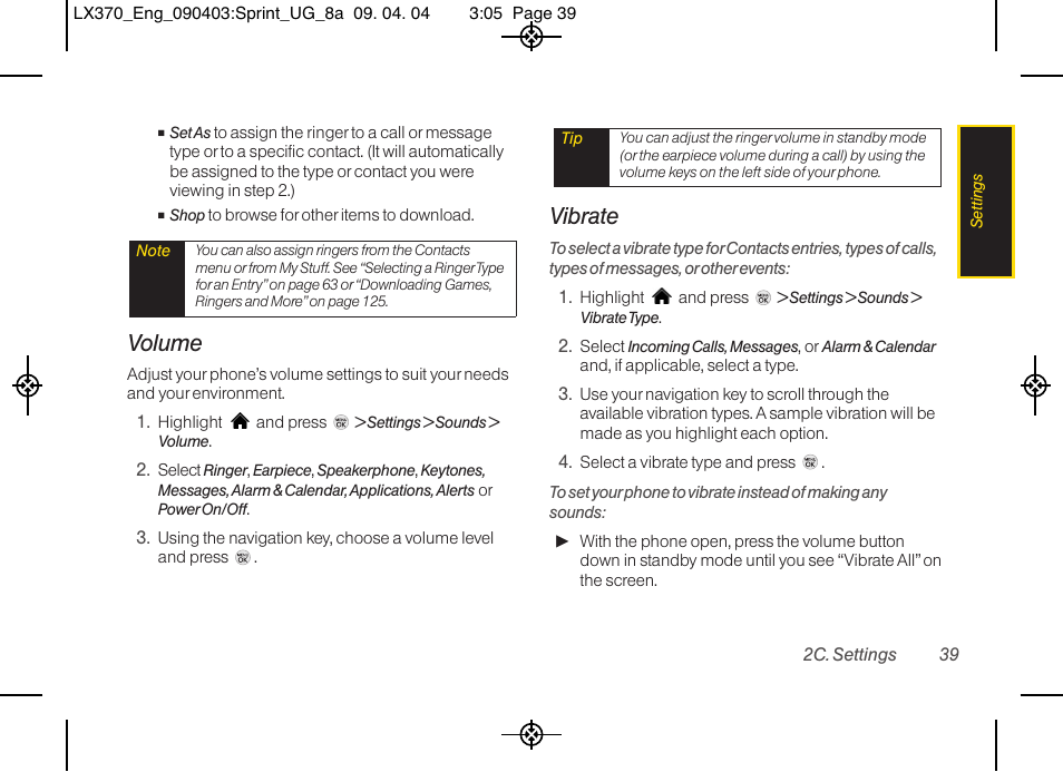 Volume, Vibrate | LG LX370 User Manual | Page 53 / 174