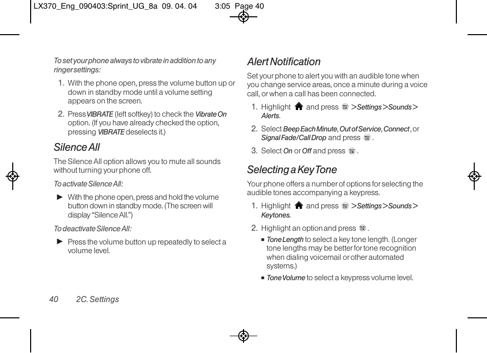 Silence all, Alert notification, Selecting a key tone | LG LX370 User Manual | Page 54 / 174