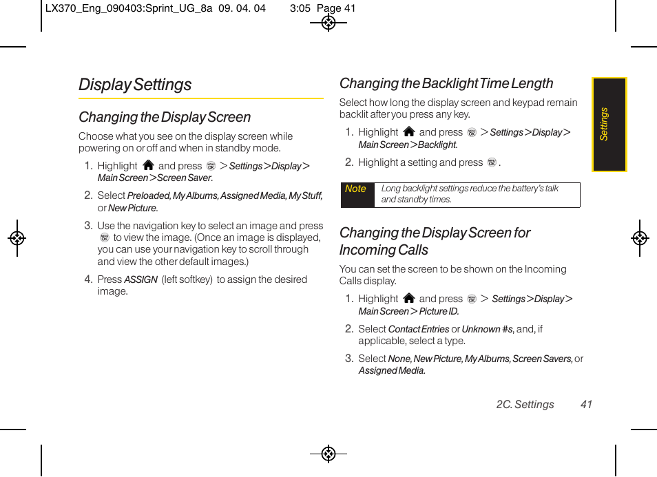 Display settings, Changing the display screen, Changing the backlight time length | Changing the display screen for incoming calls | LG LX370 User Manual | Page 55 / 174