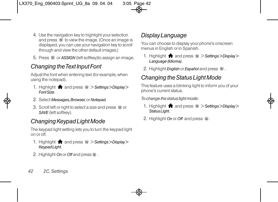 Changing the text input font, Changing keypad light mode, Display language | Changing the status light mode | LG LX370 User Manual | Page 56 / 174