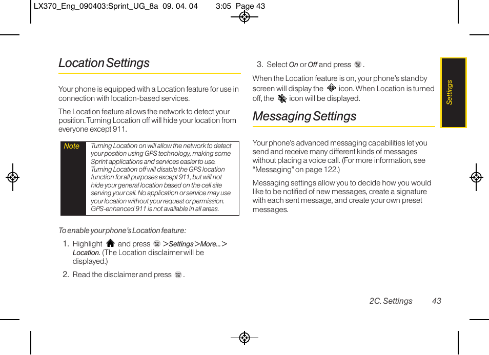 Location settings, Messaging settings | LG LX370 User Manual | Page 57 / 174