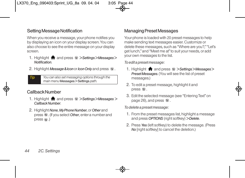 LG LX370 User Manual | Page 58 / 174