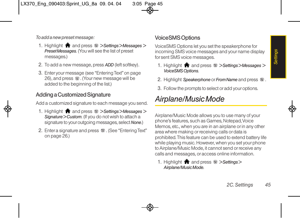 Airplane/music mode | LG LX370 User Manual | Page 59 / 174