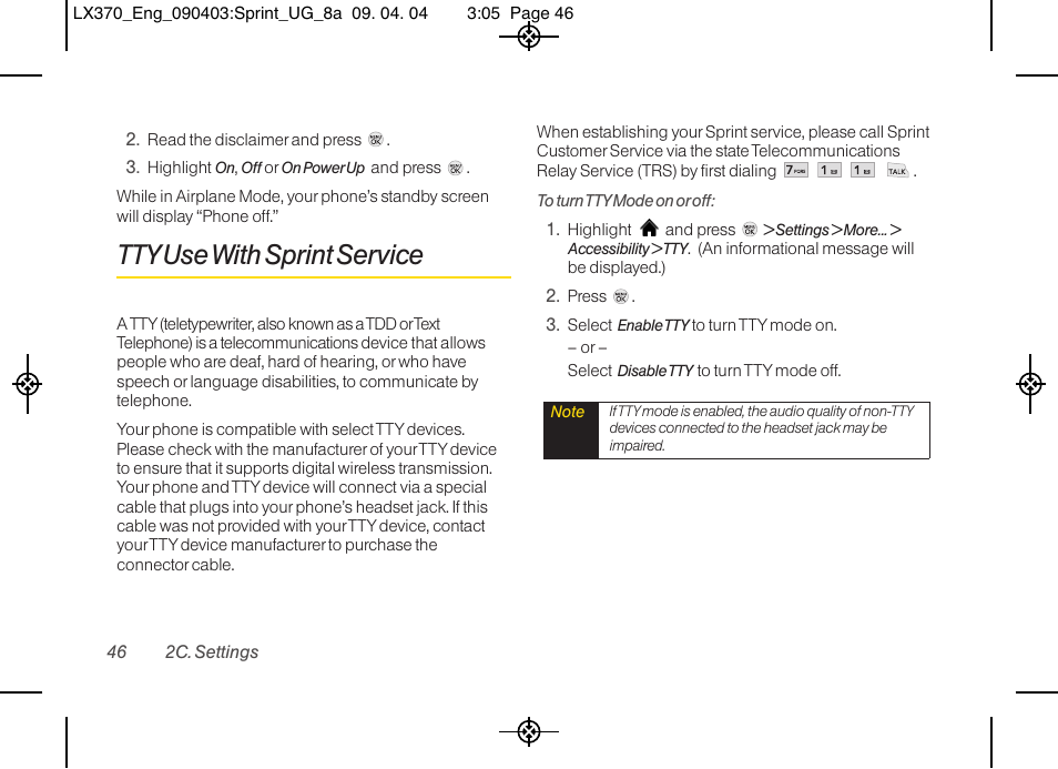 Ttyusewith sprint service | LG LX370 User Manual | Page 60 / 174