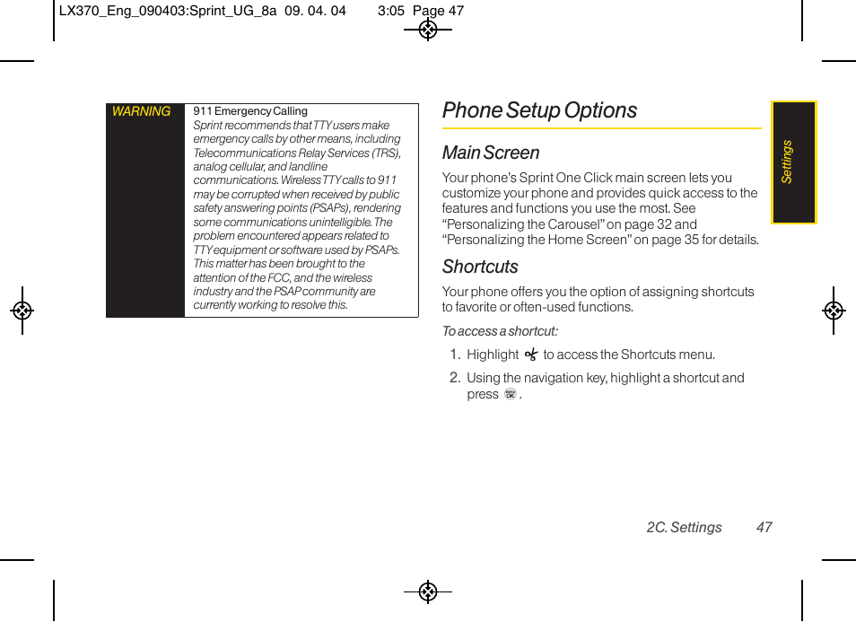 Phone setup options, Main screen, Shortcuts | LG LX370 User Manual | Page 61 / 174