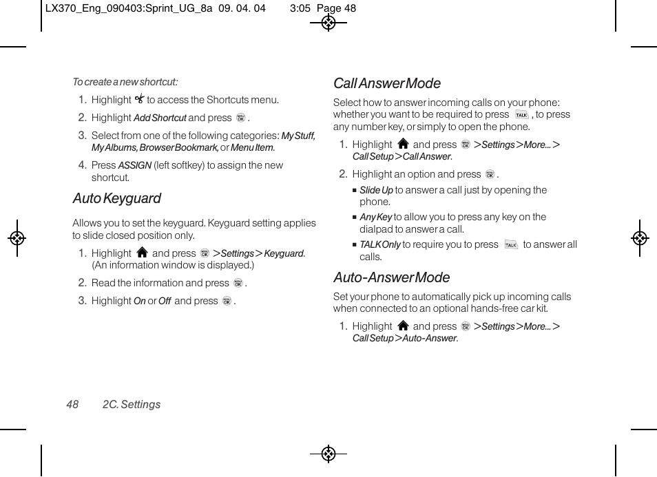 Auto keyguard, Call answer mode, Auto-answer mode | LG LX370 User Manual | Page 62 / 174