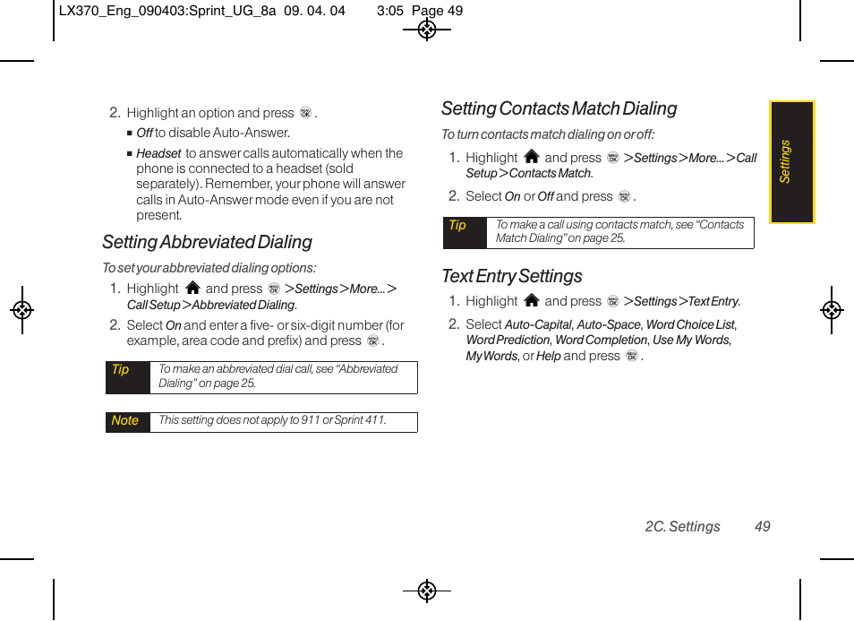 Setting abbreviated dialing, Setting contacts match dialing, Text entry settings | LG LX370 User Manual | Page 63 / 174