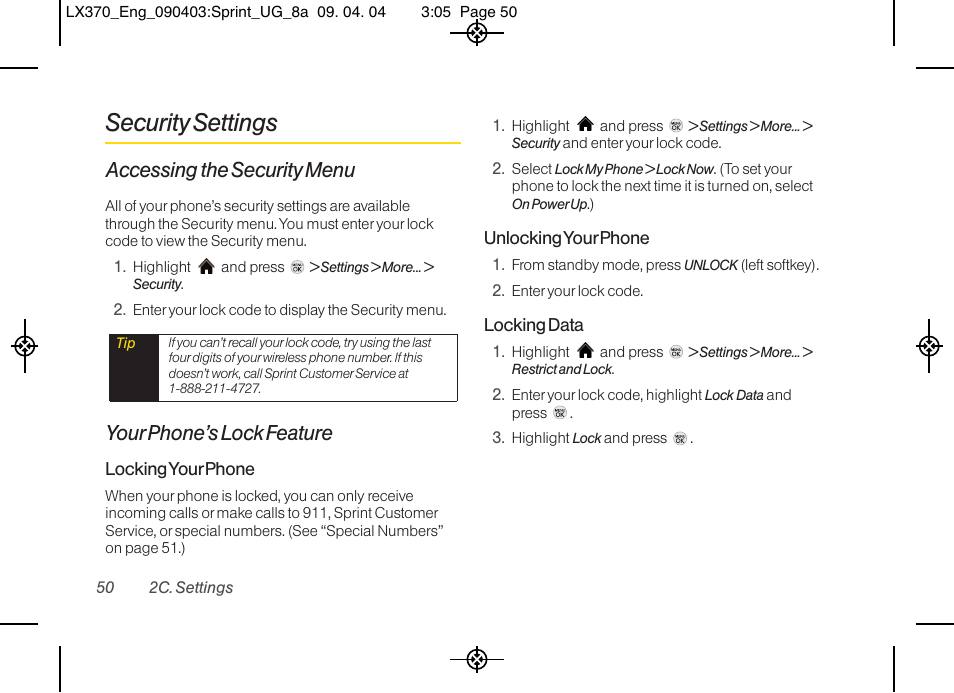 Security settings, Accessing the security menu, Your phone’s lock feature | LG LX370 User Manual | Page 64 / 174