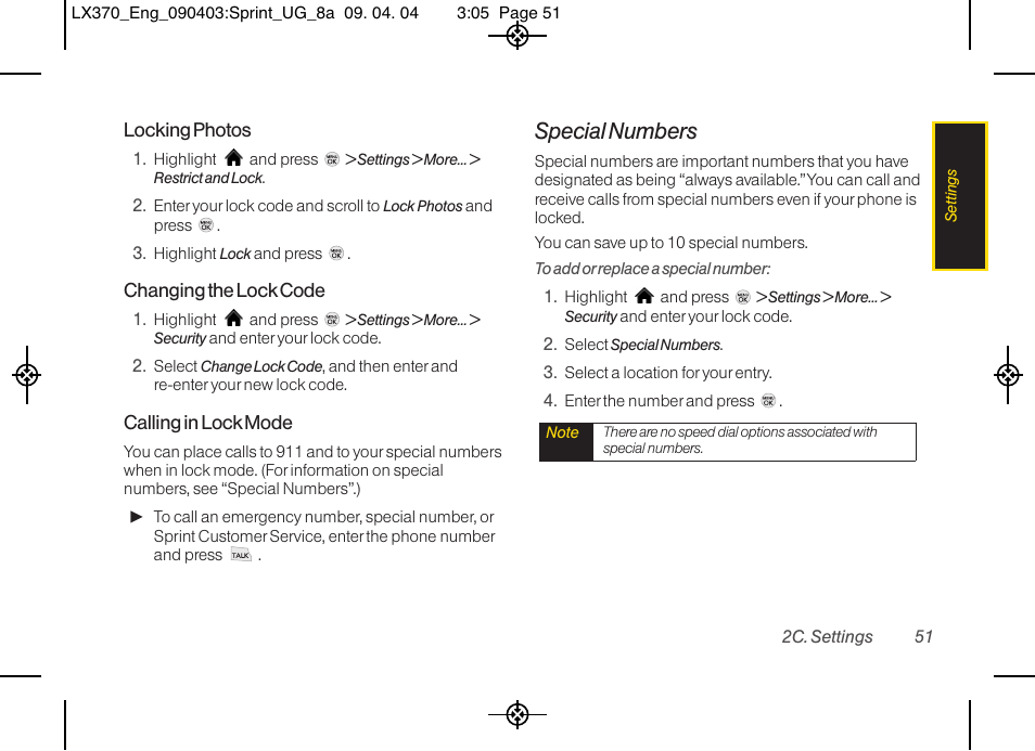 Special numbers | LG LX370 User Manual | Page 65 / 174