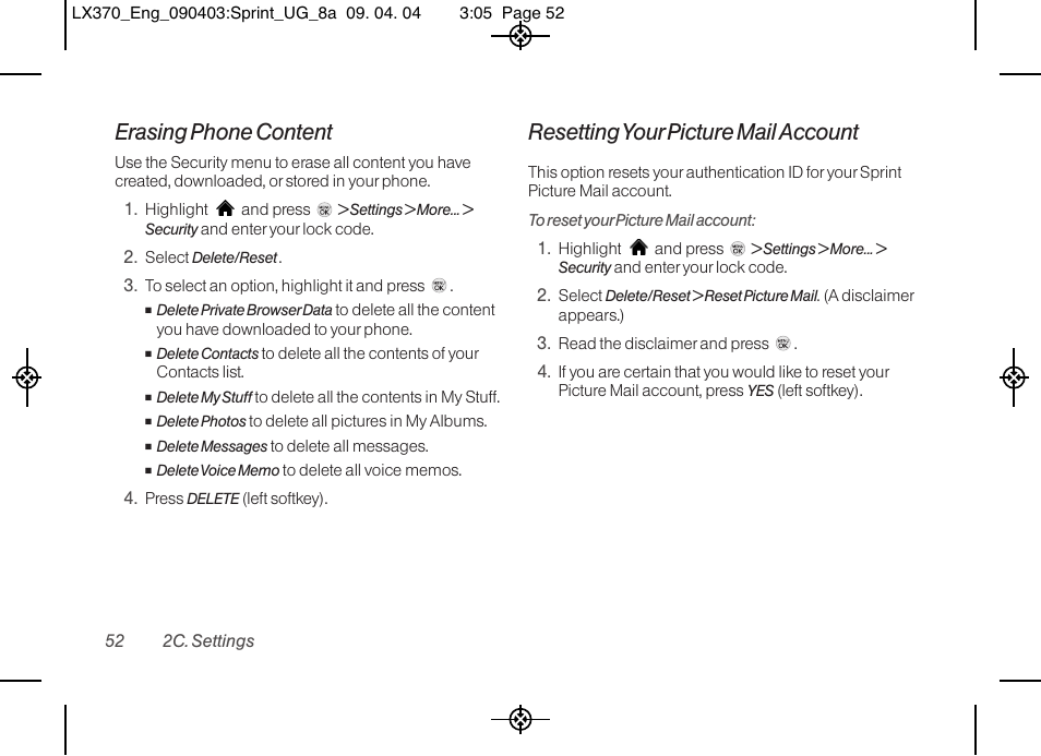 Erasing phone content, Resetting your picture mail account | LG LX370 User Manual | Page 66 / 174