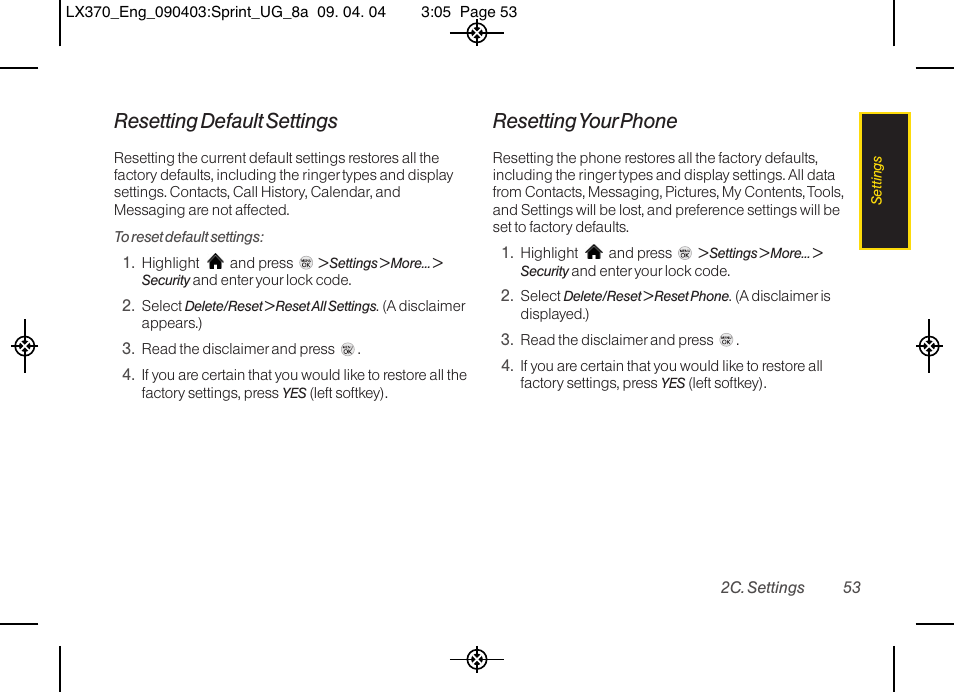 Resetting default settings, Resetting your phone | LG LX370 User Manual | Page 67 / 174