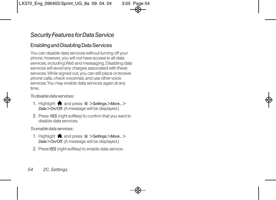 Security features for data service | LG LX370 User Manual | Page 68 / 174