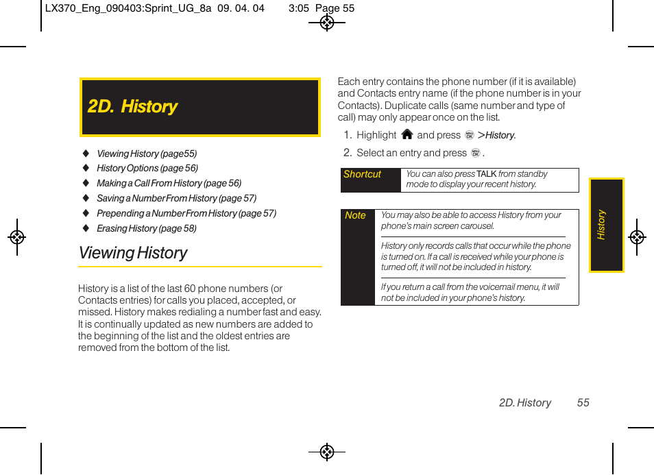 2d. history, Viewing history | LG LX370 User Manual | Page 69 / 174