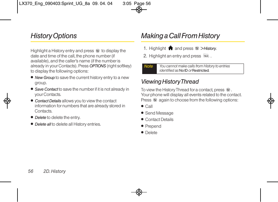 History options, Making a call from history, Viewing history thread | LG LX370 User Manual | Page 70 / 174