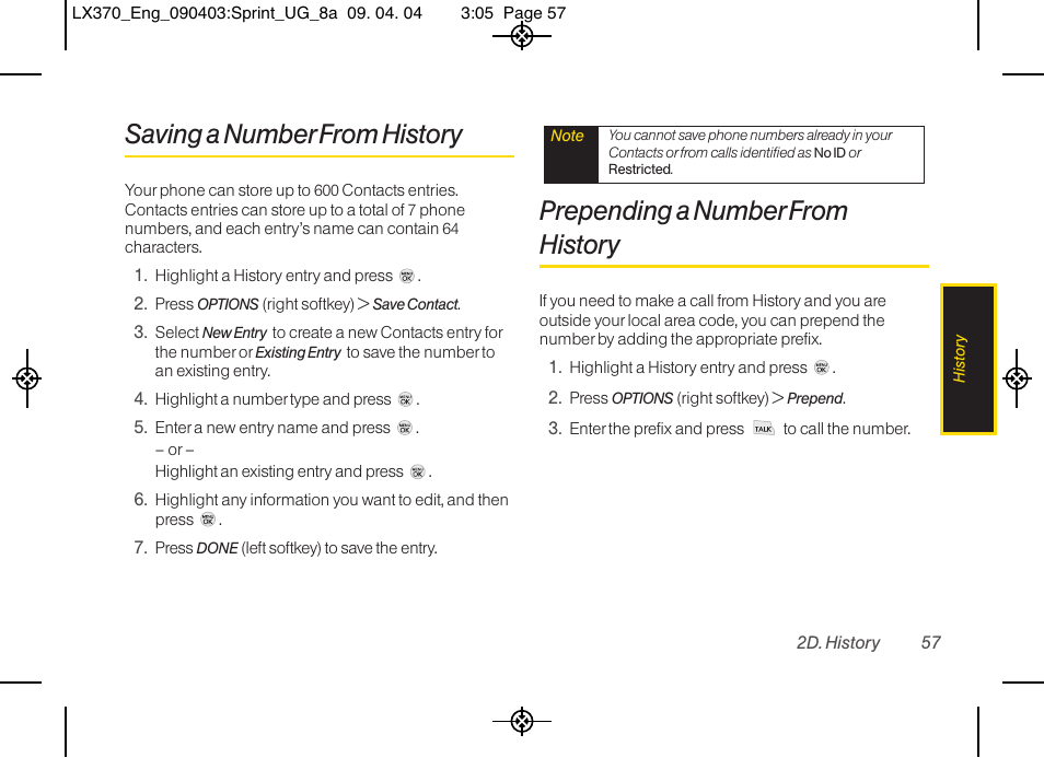 Saving a number from history, Prepending a number from history | LG LX370 User Manual | Page 71 / 174