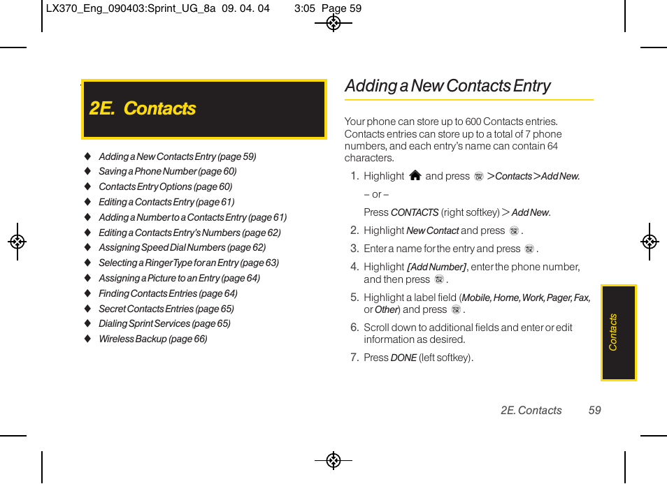 2e. contacts, Adding a new contacts entry | LG LX370 User Manual | Page 73 / 174