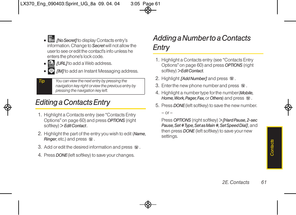 Editing a contacts entry, Adding a number to a contacts entry | LG LX370 User Manual | Page 75 / 174