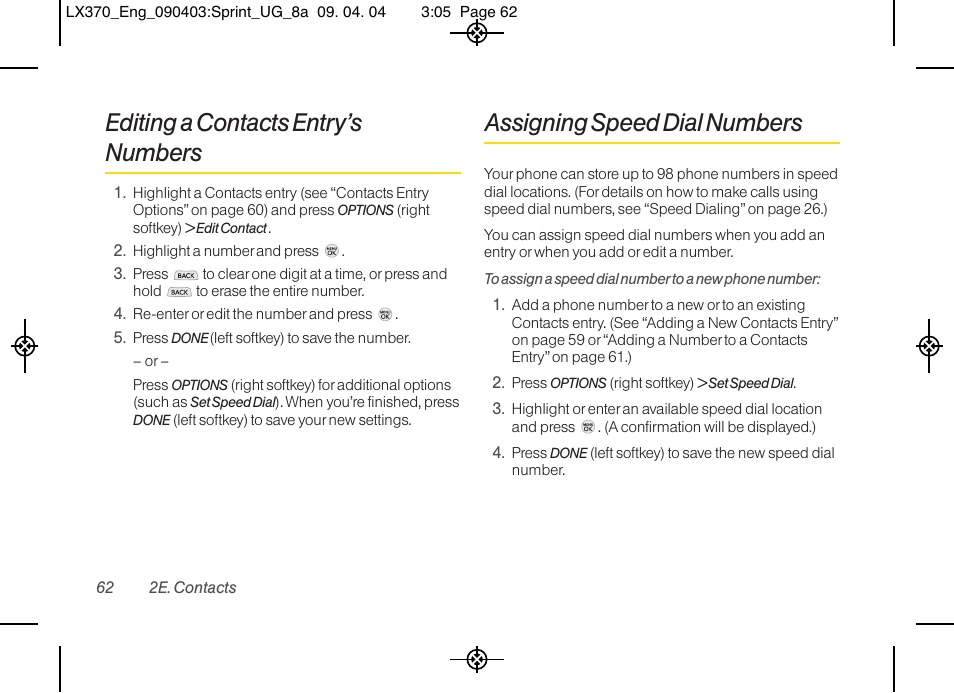 Editing a contacts entry’s numbers, Assigning speed dial numbers | LG LX370 User Manual | Page 76 / 174