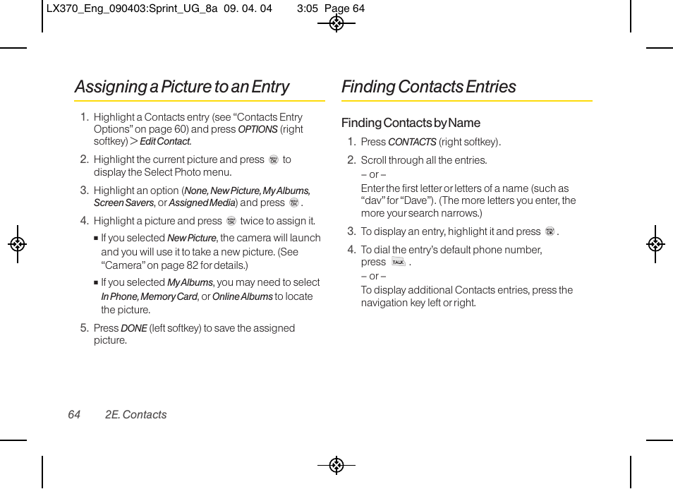 Assigning a picture to an entry, Finding contacts entries | LG LX370 User Manual | Page 78 / 174