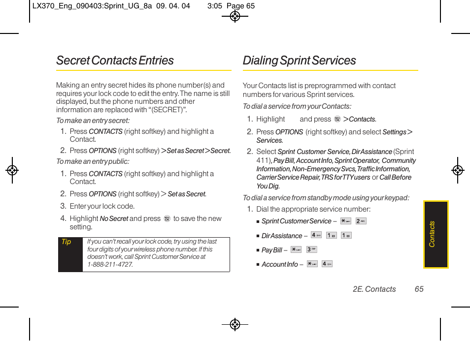 Secret contacts entries, Dialing sprint services | LG LX370 User Manual | Page 79 / 174