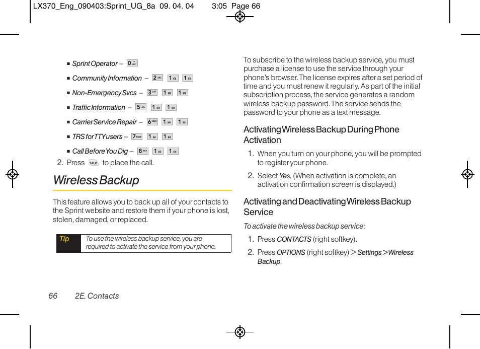 Wireless backup, Activating wireless backup during phone activation | LG LX370 User Manual | Page 80 / 174