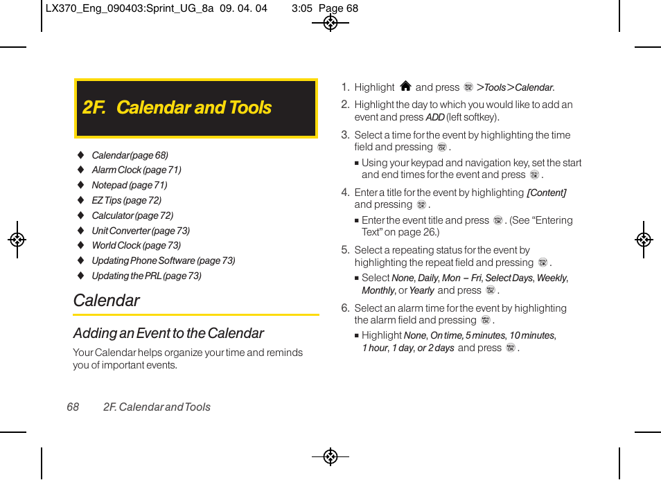 2f. calendar and tools, Calendar, Adding an event to the calendar | LG LX370 User Manual | Page 82 / 174