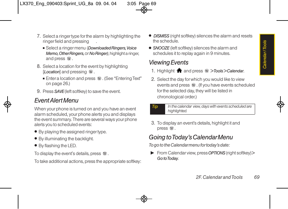 Event alert menu, Viewing events, Going to today’s calendar menu | LG LX370 User Manual | Page 83 / 174