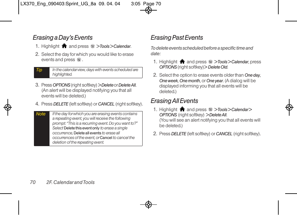 Erasing a day’s events, Erasing past events, Erasing all events | LG LX370 User Manual | Page 84 / 174