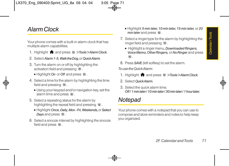 Alarm clock | LG LX370 User Manual | Page 85 / 174