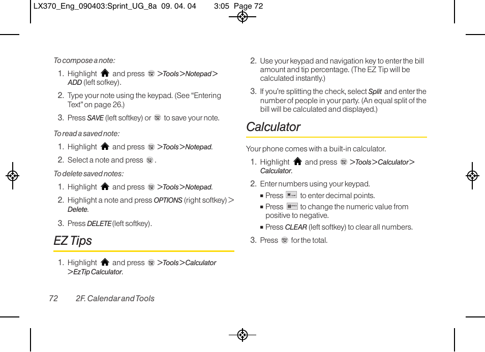 Ez tips, Calculator | LG LX370 User Manual | Page 86 / 174