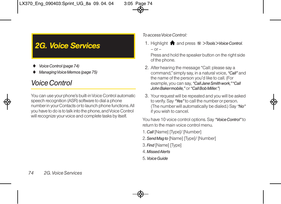 2g. voice services, Voice control | LG LX370 User Manual | Page 88 / 174