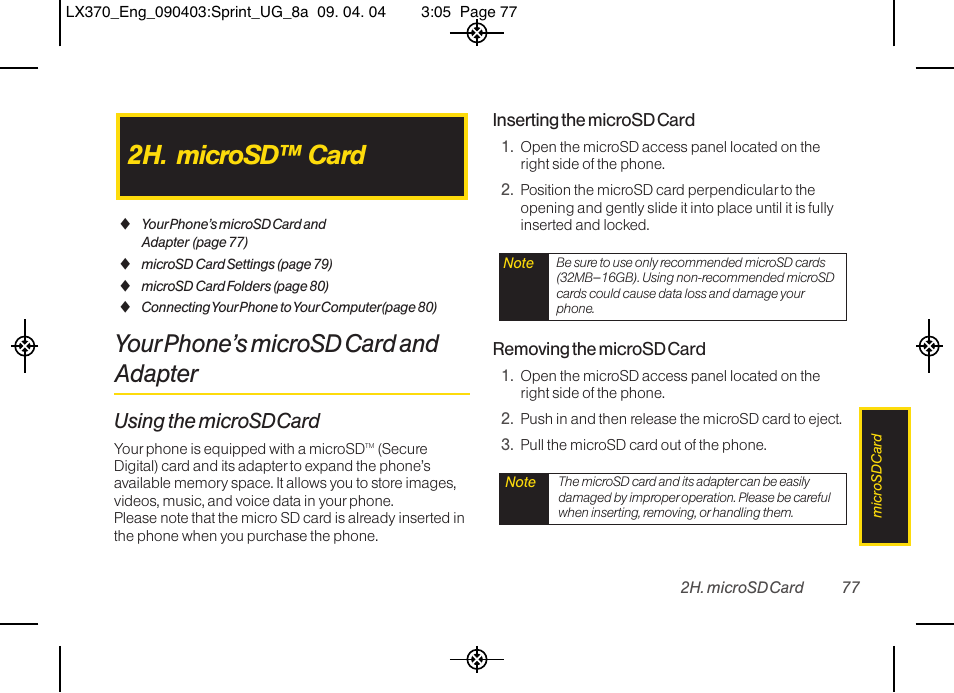 2h. microsd™ card, Your phone’s microsd card and adapter, Using the microsdcard | LG LX370 User Manual | Page 91 / 174