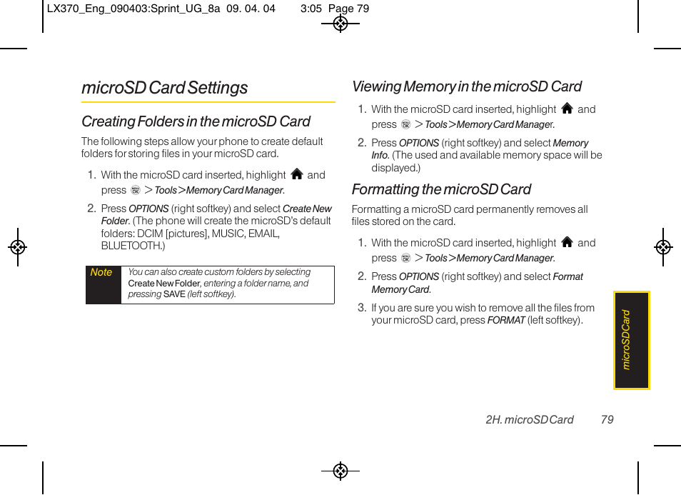 Microsd card settings, Creating folders in the microsd card, Formatting the microsd card | LG LX370 User Manual | Page 93 / 174