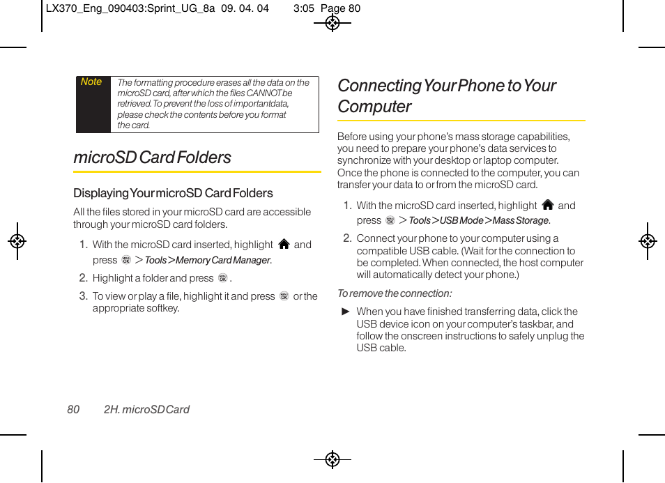 Microsd card folders, Connecting your phone to your computer | LG LX370 User Manual | Page 94 / 174