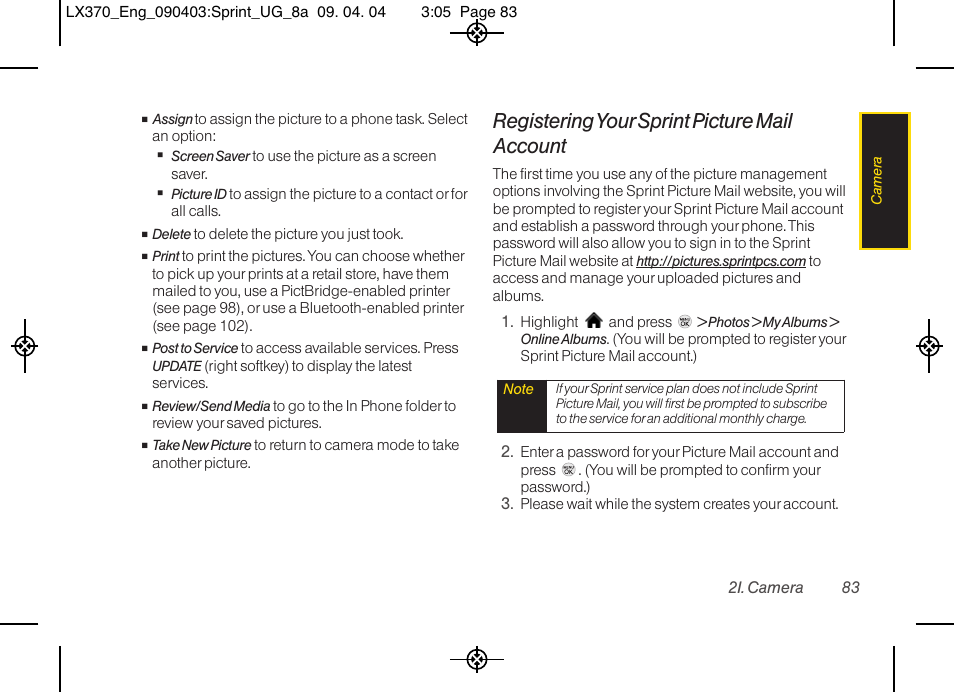 Registering your sprint picture mail account | LG LX370 User Manual | Page 97 / 174