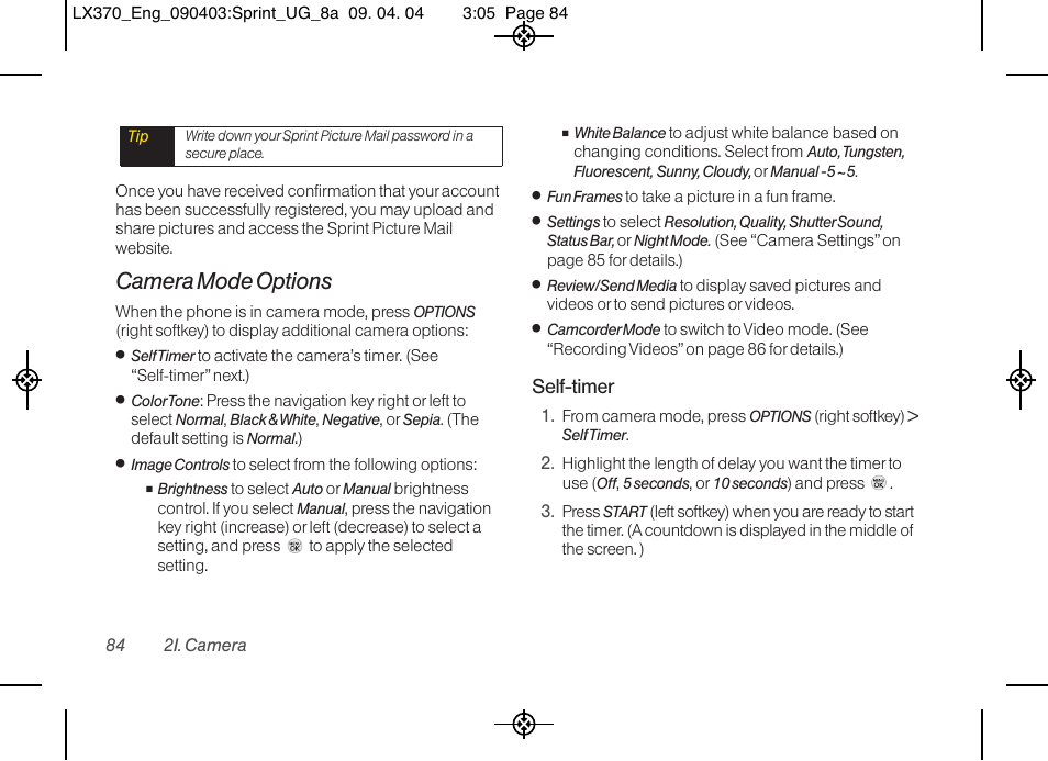 Camera mode options, Self-timer | LG LX370 User Manual | Page 98 / 174