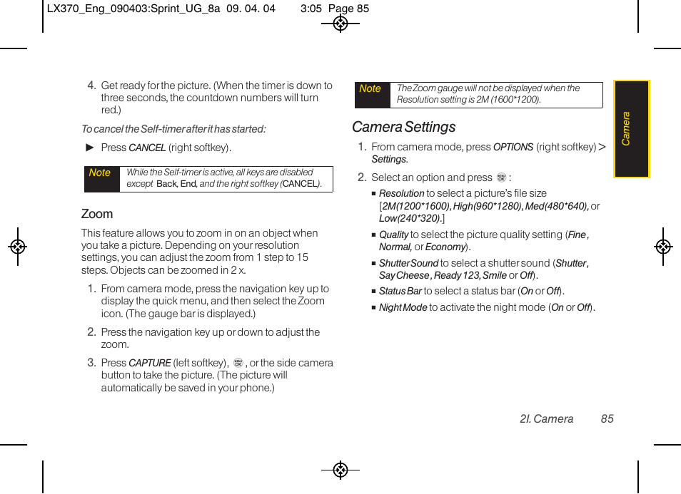 Camera settings, Zoom | LG LX370 User Manual | Page 99 / 174