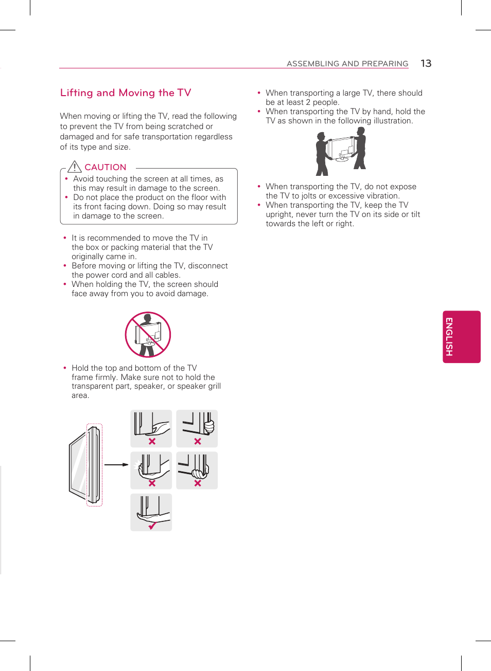 Parts and buttons, Lifting and moving the tv | LG 55LA9700 User Manual | Page 13 / 56