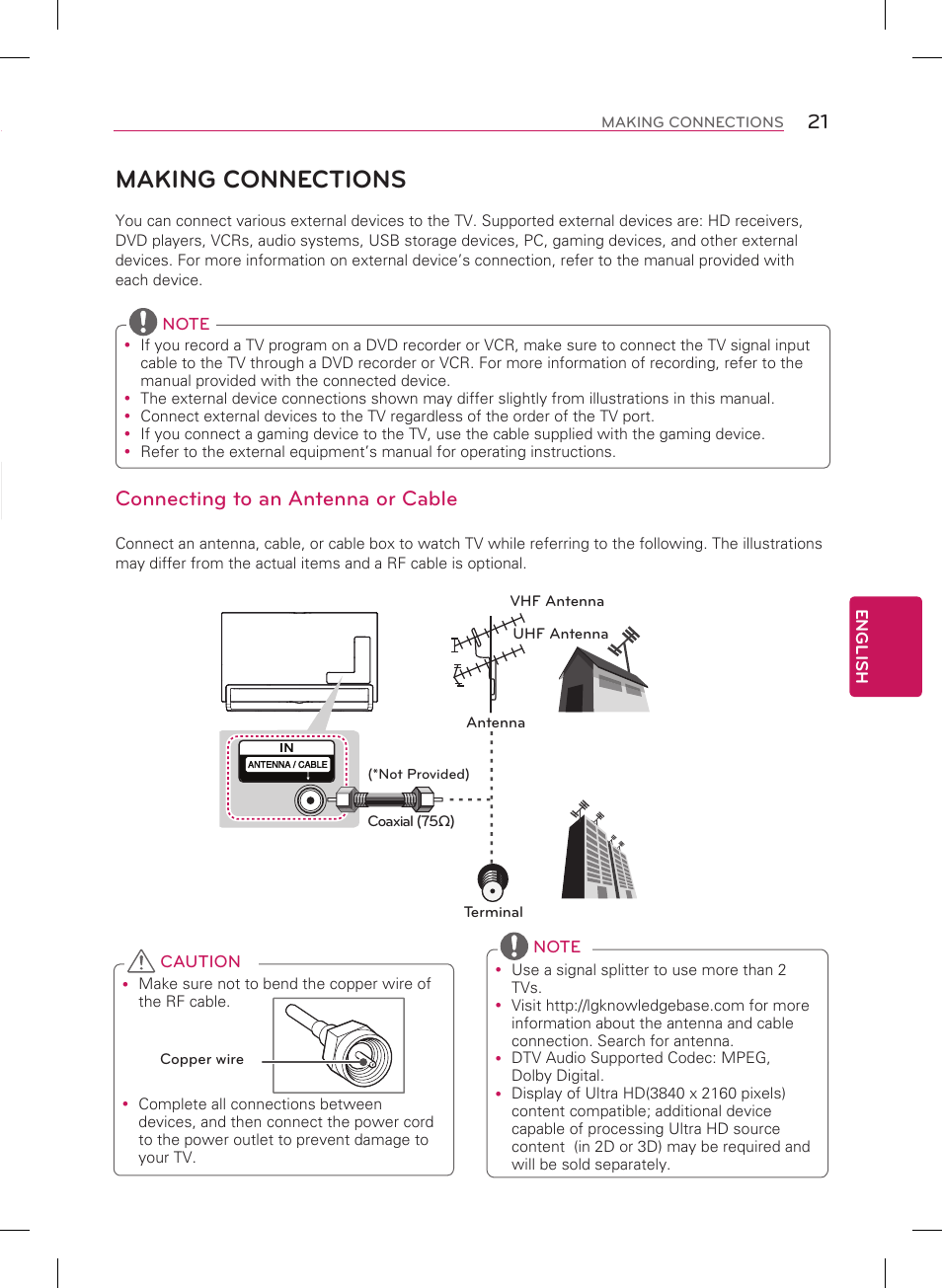 Making connections, Connecting to an antenna or cable | LG 55LA9700 User Manual | Page 21 / 56