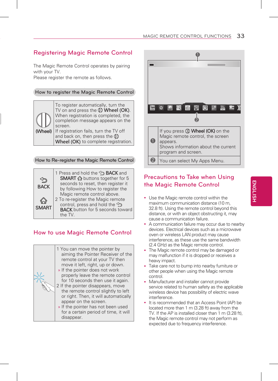 Magic remote control functions, Registering magic remote control, How to use magic remote control | LG 55LA9700 User Manual | Page 33 / 56