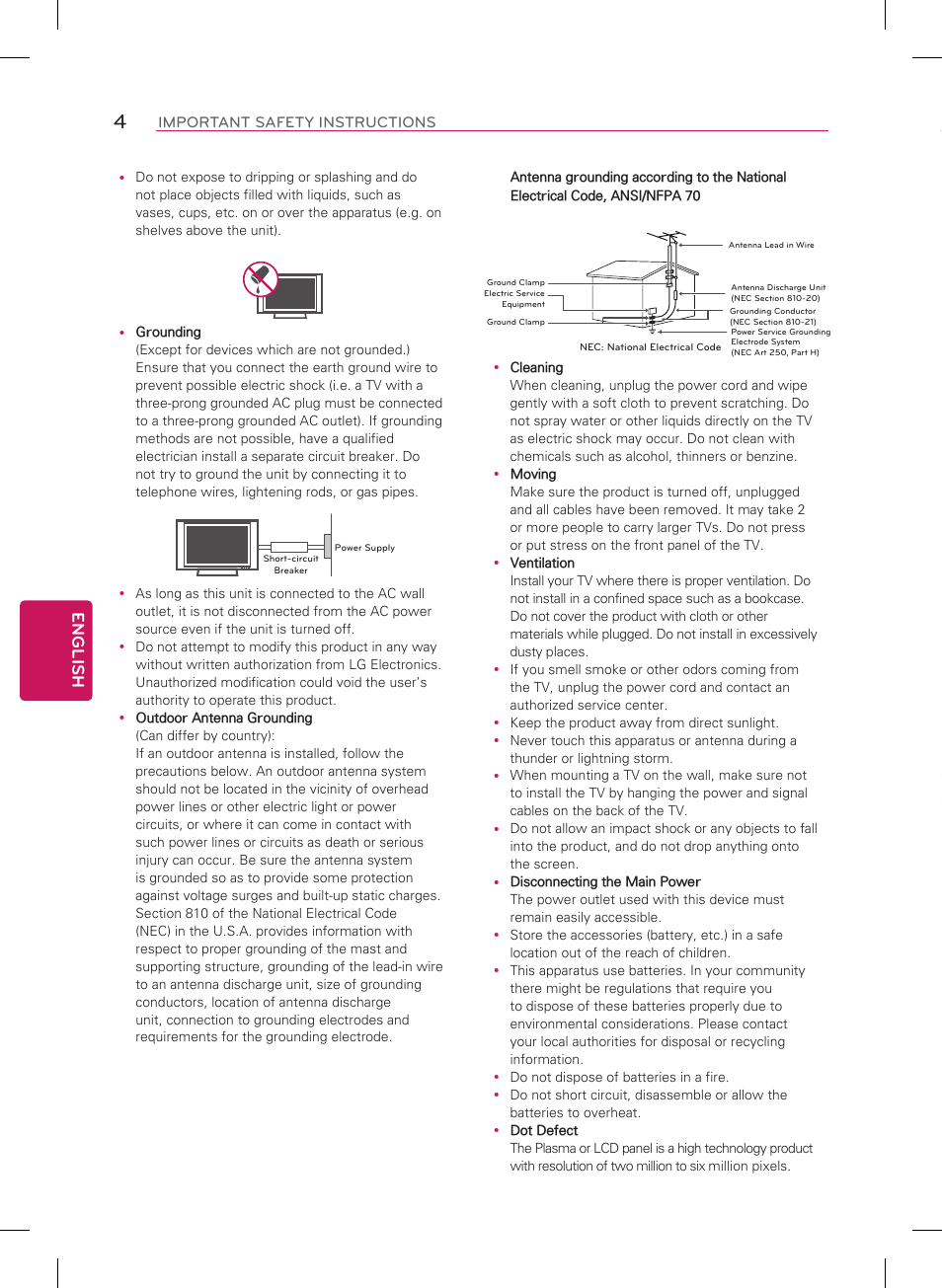 English, Short-circuit breaker power supply | LG 55LA9700 User Manual | Page 4 / 56