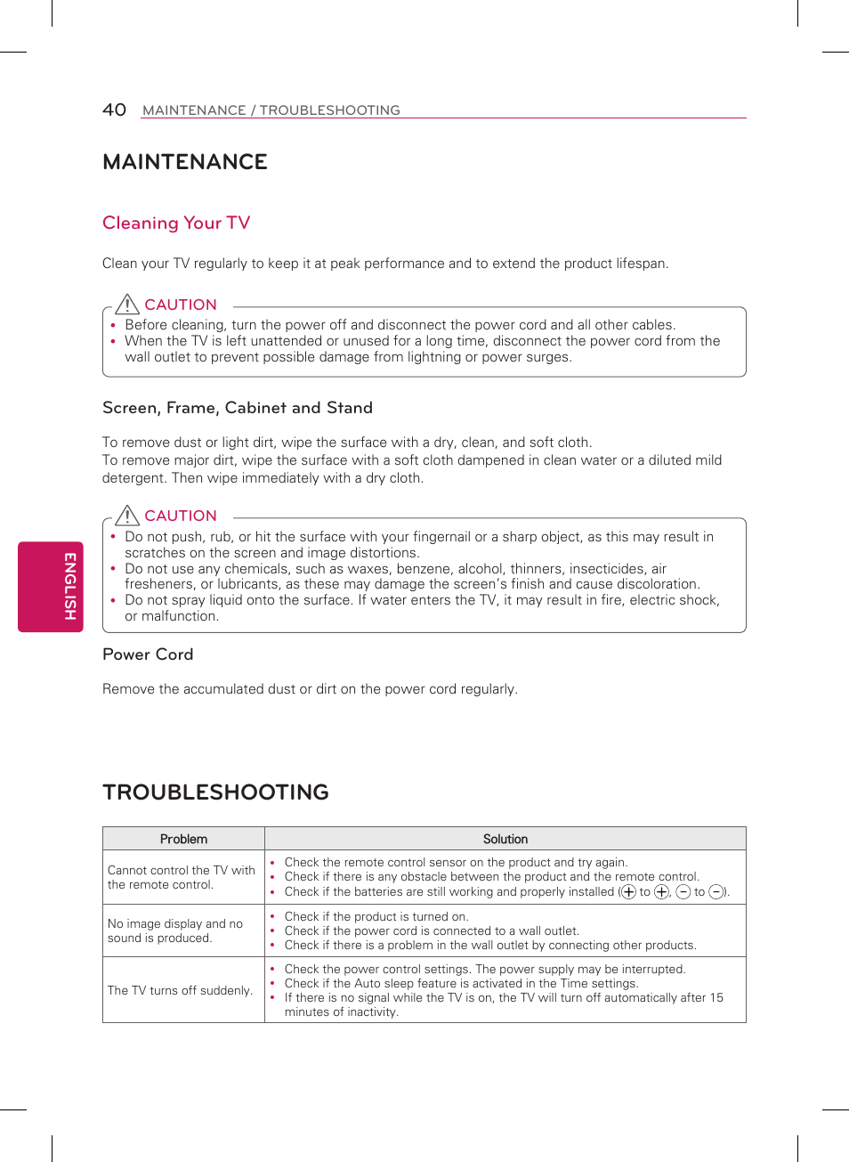 Maintenance, Troubleshooting, Cleaning your tv | Screen, frame, cabinet and stand, Power cord | LG 55LA9700 User Manual | Page 40 / 56