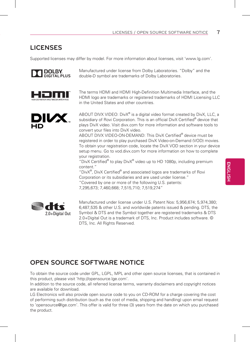 Licenses, Open source software notice | LG 55LA9700 User Manual | Page 7 / 56