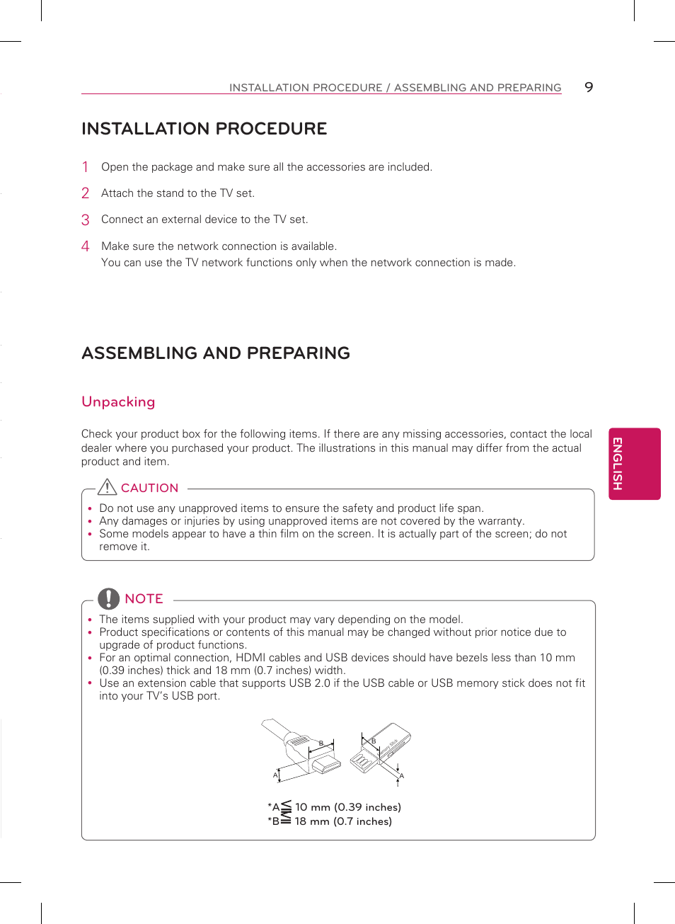 Table of contents installation procedure, Assembling and preparing, Unpacking | LG 55LA9700 User Manual | Page 9 / 56