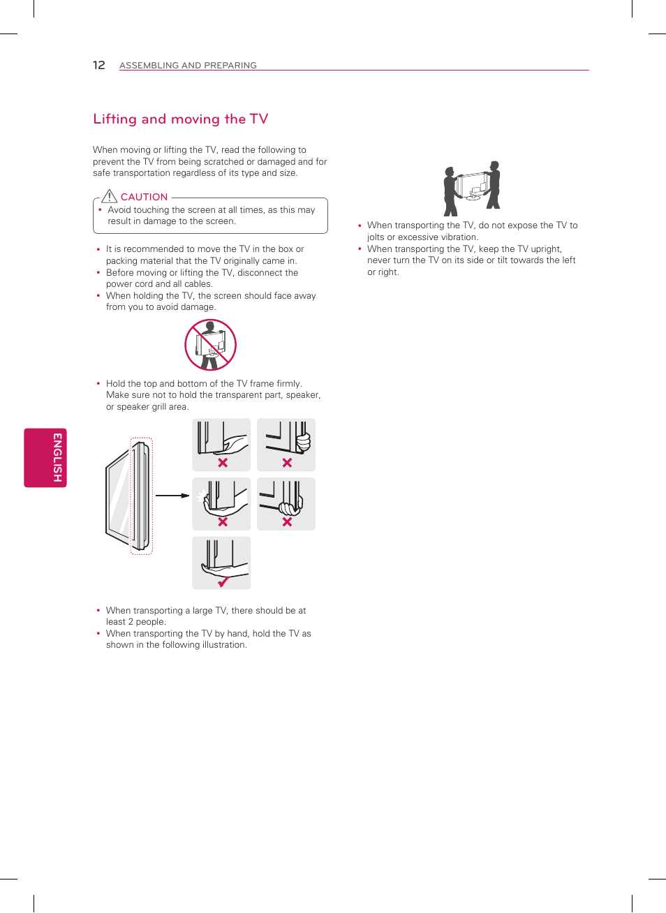 Lifting and moving the tv | LG 50LN5700 User Manual | Page 12 / 52